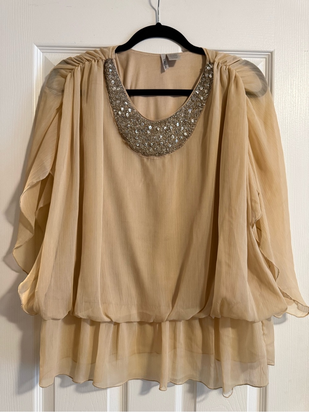 Embellished Neck Sheer Tan Women's Blouse